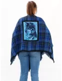 Royal blue and black tartan merino wool cape cloak with fringes