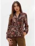 Paz Torras camicia viscosa marrone dis. cashmere con profili di pelle