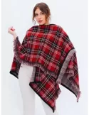 Red and black tartan merino wool cape cloak with fringes