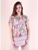 Beige t-shirt Water green lilac and orange leaves print