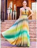 Sonia Pena 11220040 low necked yellow and green shadows evening dress