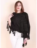 Shop online black lurex merino wool maxi tippet cape scarf with fringes