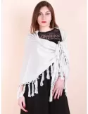 White lurex merino wool maxi tippet cape scarf with fringes