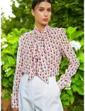 Maesta Milano | Camicia chiffon con fiocco fantasia bianco e lilla