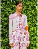 Maesta Milano | White orange lilac flowers silk ruffle shirt