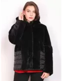 Black faux fur elegant duvet hooded jacket with rhinestones