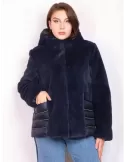 Blue faux fur elegant duvet hooded jacket with rhinestones