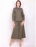 Military green jersey trouser skirt and blouse jumpsuit set