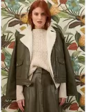 Paz Torras green faux leather jacket with white fur neck