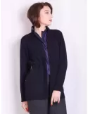 Dark blue cashmere wool silk long cardigan jacket nylon neck