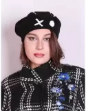 Black wool beret hat with tic tac toe white sequins by Complit