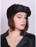 Plum black wool beret hat with mesh and brooch by Complit