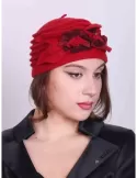 Red boiled wool pillbox hat with embroidery and rhinestone