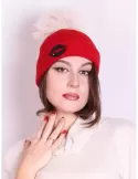 Red alpaga and mohair wool beanie winter hat white pon pon