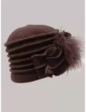 Brown wool pillbox hat with lace and plume embroidery