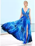 Sonia Pena Couture 1231023 | Abito lungo in raso azzurro fantasia mare