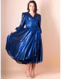 Sonia Pena 1230079 |Royal blue lurex silk crossover wrapped midi dress