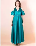 Sonia Pena plain green turquoise silk long dress puff sleeves