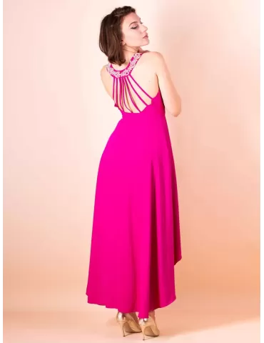 Sonia Pena 1230065  Fuchsia low neck skater long dress with