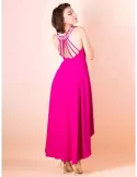 Sonia Pena 1230065 | Fuchsia low neck skater long dress with rhinestones