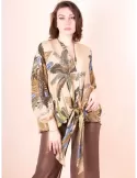 Maesta Milano beige silk pull-on kimono shirt with ribbon