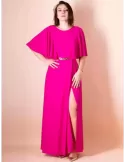 Casting fuchsia low back long dress front split golden belt