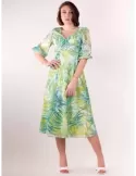 Casting green and turquoise sleeves floral silk midi dress