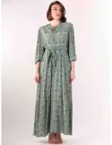 Maesta green liberty pattern long sleeves formal silk dress