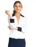 Volpato white silk crossed shirt with blue neck and cuffs