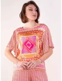 Frida Madè online | Blusa in seta stampa piazzata fucsia e arancio