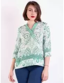 Green paisley pattern pure linen white caftan shirt also 4 plus size