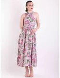 Maesta pink flowers silk low necked formal wide midi dress