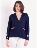 Volpato Italy | Dark blue knitted cardigan white flowers embroidery