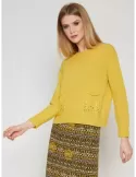 Yellow cashmere wool box sweater with pockets & rhinestones