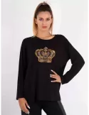 Francesca Mercuriali T-shirt nera maniche lunghe con corona di strass