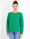 Green merino wool round neck sweater with golden buttons