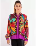 Petrol green orange purple hippy printed viscose fleece shirt