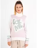 Pink cashmere turtle neck sweater with leather embroidery