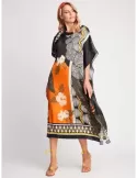 Black and orange tropical printed all silk tunic caftan dress