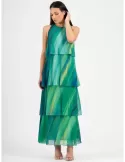 Green and blue silk layers of frills long dress by Casting