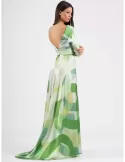 Green silk long formal dress front split and tail by Casting | Plussize