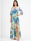 Casting blue and yellow floral long silk dress front split