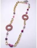 Pink natural stones handmade golden long necklace