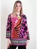 Piero Moretti black and fuchsia spotted pull-on blouse shirt