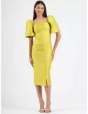 Lime yellow brocade silk sheath midi dress baloon sleeves