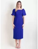 Purple blue romantic low necked sheath midi dress balloon sleeves