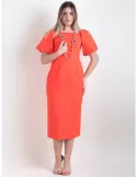 Coral red low necked sheath midi dress by Casting