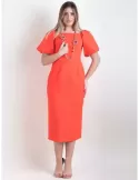 Orange coral red romantic low necked sheath midi dress balloon sleeves