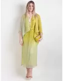 Paz Torras lime green shiny midi dress and kimono jacket suit