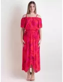 Paz Torras | Fuchsia and red romantic low neck midi cocktail dress